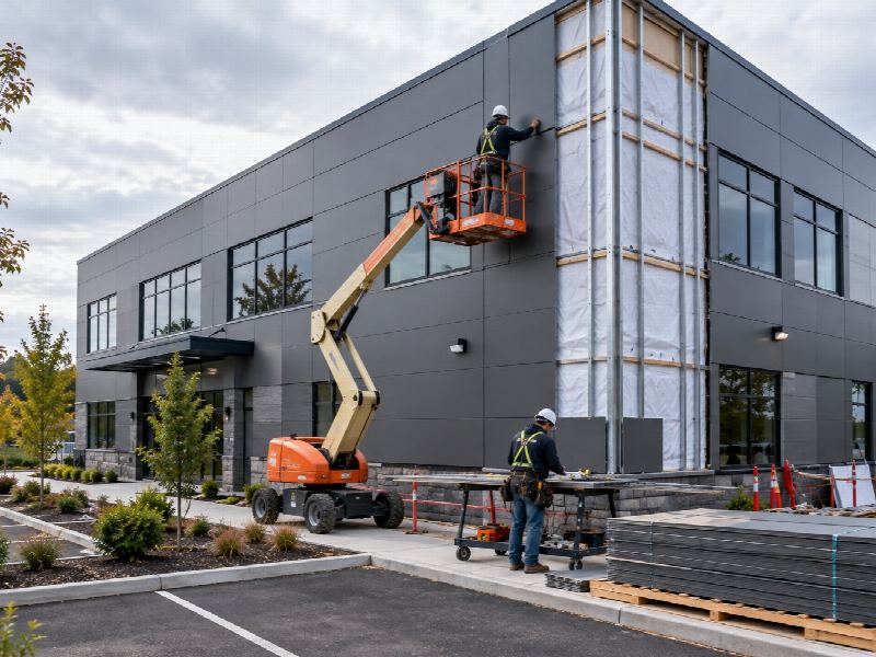 An Apex crew fitting a composite panel wall system from a boom lift on a commercial building