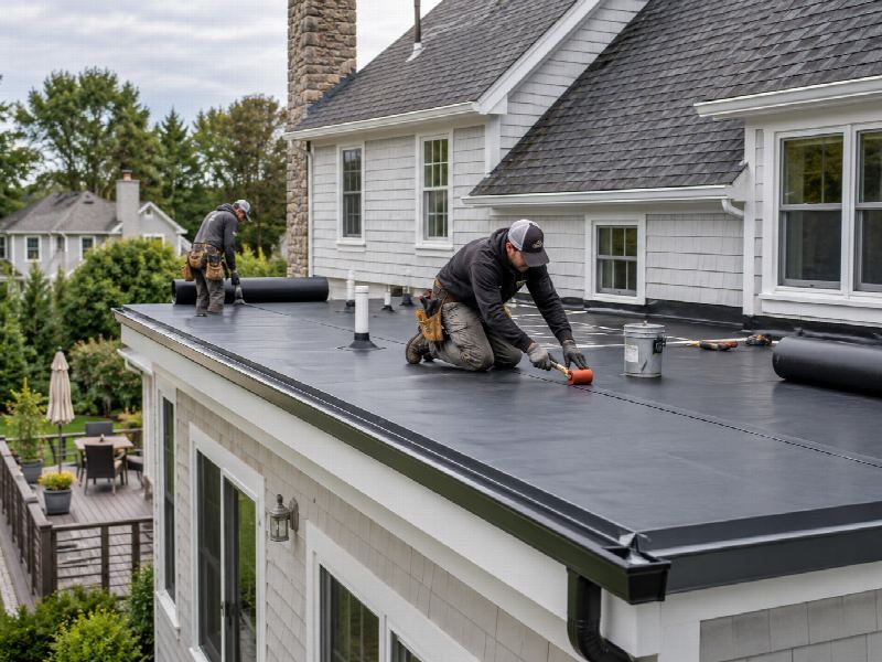 An Apex roofer rolling out single-ply membrane on a low-slope roof below the main shingle roof of a house