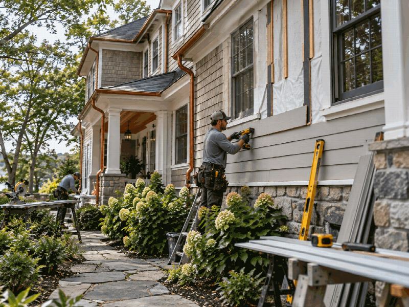 An Apex installer fastening a siding board on a home, with the planting protected below