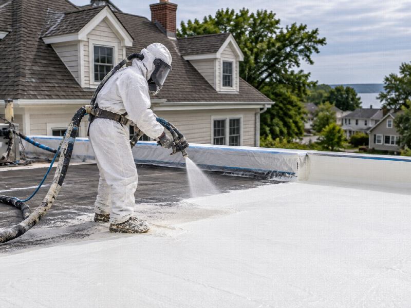 An applicator in a supplied-air hood spraying seamless polyurethane foam across a low-slope residential roof