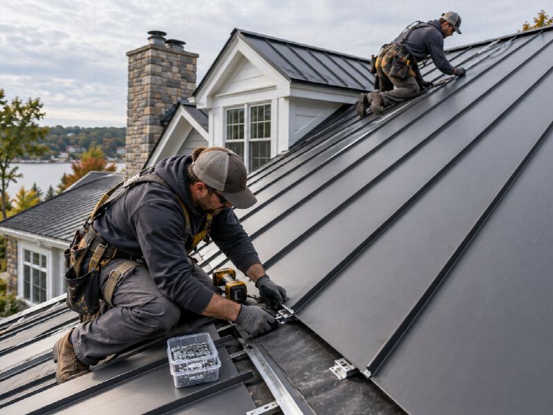 Apex roofers fastening concealed clips on a dark standing-seam metal roof panel