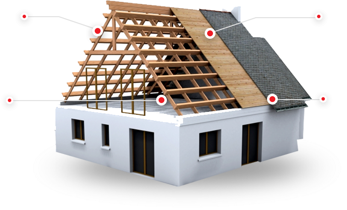 Cutaway diagram of a roof showing the rafters and trusses, wooden frame, plywood decking and asphalt shingle layers