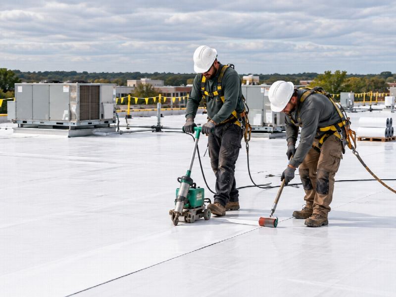 Apex crew heat-welding a seam on a white TPO single-ply commercial flat roof