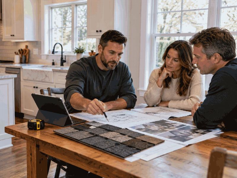 Apex estimator walking two homeowners through roof plans and a shingle sample board