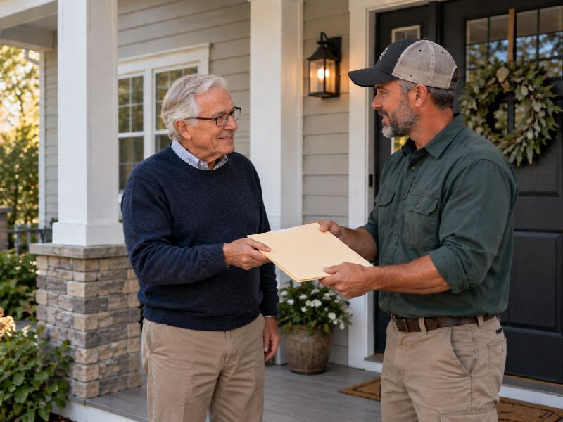 Apex estimator handing a written roofing quote to a homeowner on their front porch