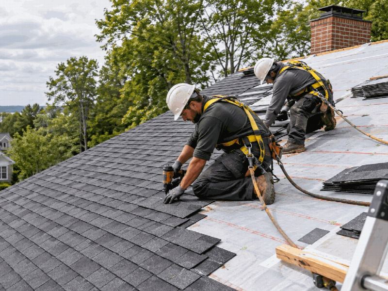Apex roofers nailing down a course of architectural asphalt shingles on a residential roof