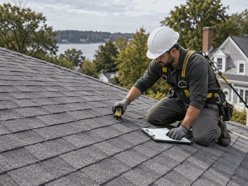 Apex roofer checking roof decking with a moisture meter during a free inspection