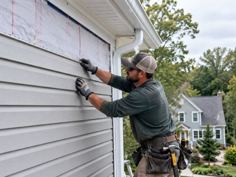 Apex installer fitting a length of vinyl siding below a newly hung aluminium gutter