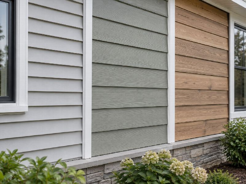 Three siding materials meeting on one wall: smooth vinyl lap, textured fibre cement and woodgrain engineered wood