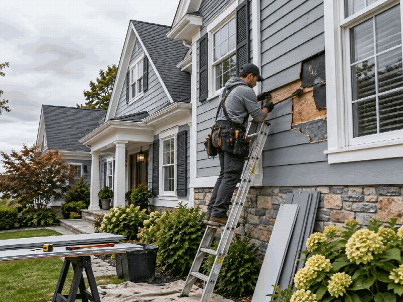 An Apex installer removing a damaged siding panel to expose and re-flash the sheathing beneath